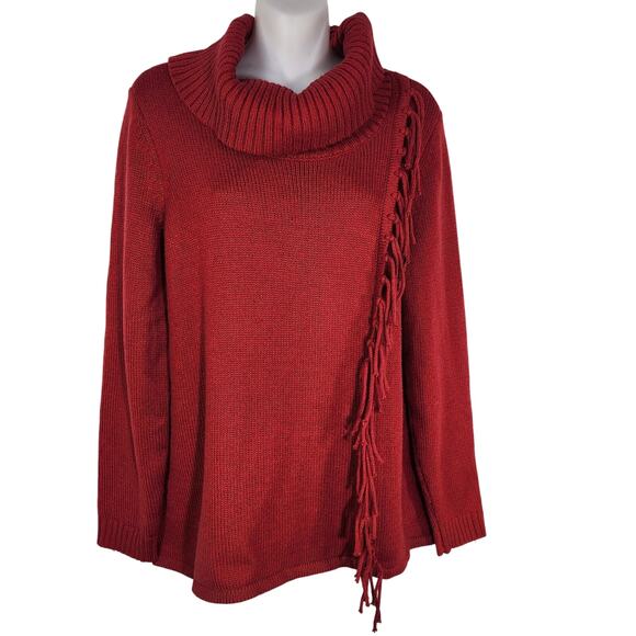 Chicos Sweater Size 2 Large Red Fringe Cowl Neck Pullover Long Sleeve Knit Boho - Picture 1 of 11